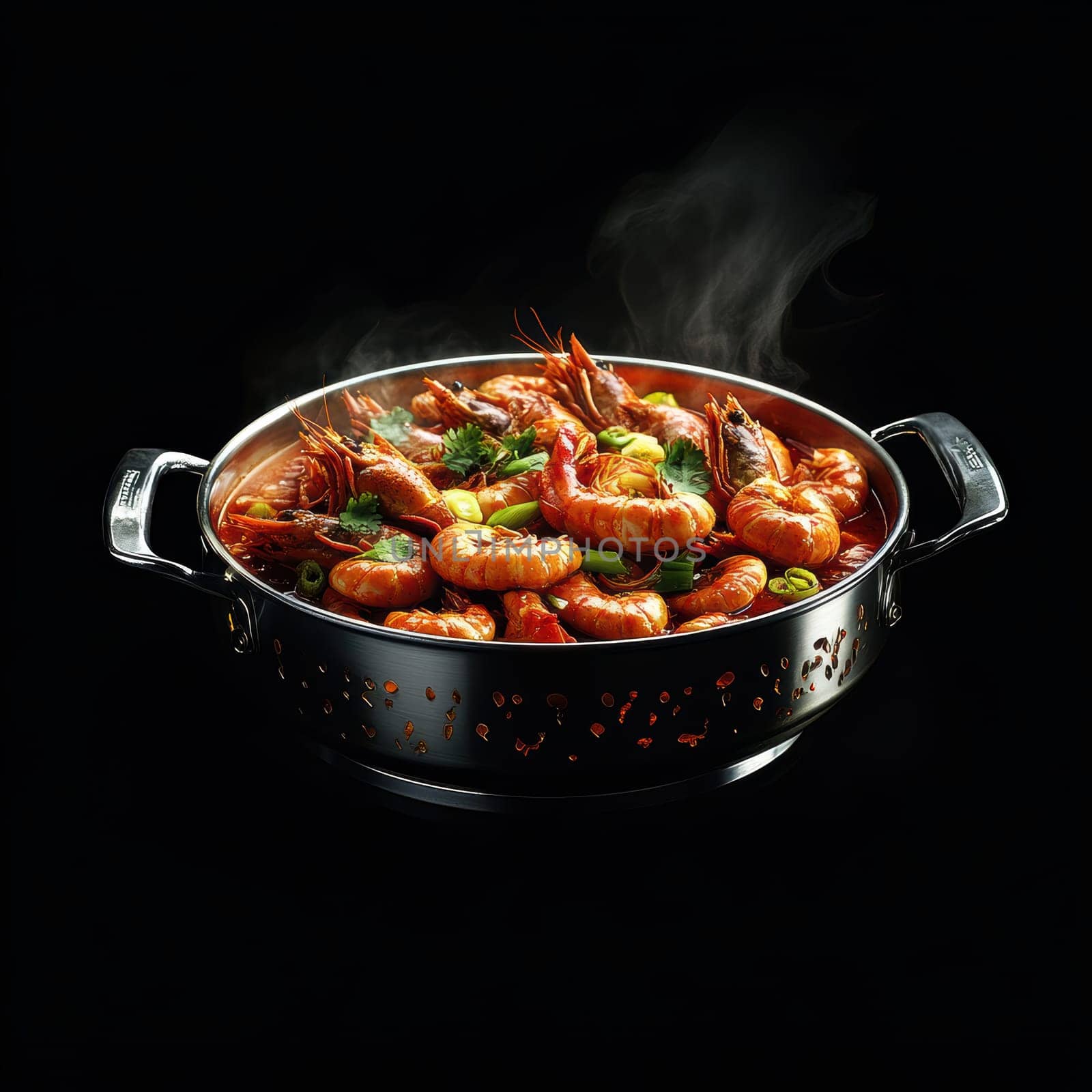 crawfish in a hot pot, full of red sauce . AI generative.