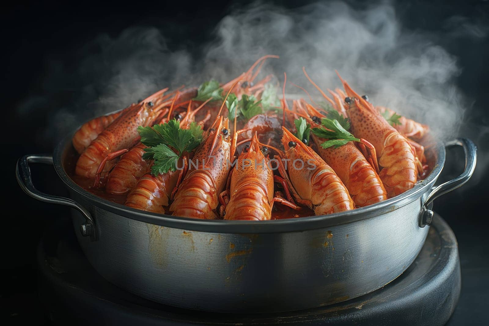 crawfish in a hot pot, full of red sauce . AI generative.