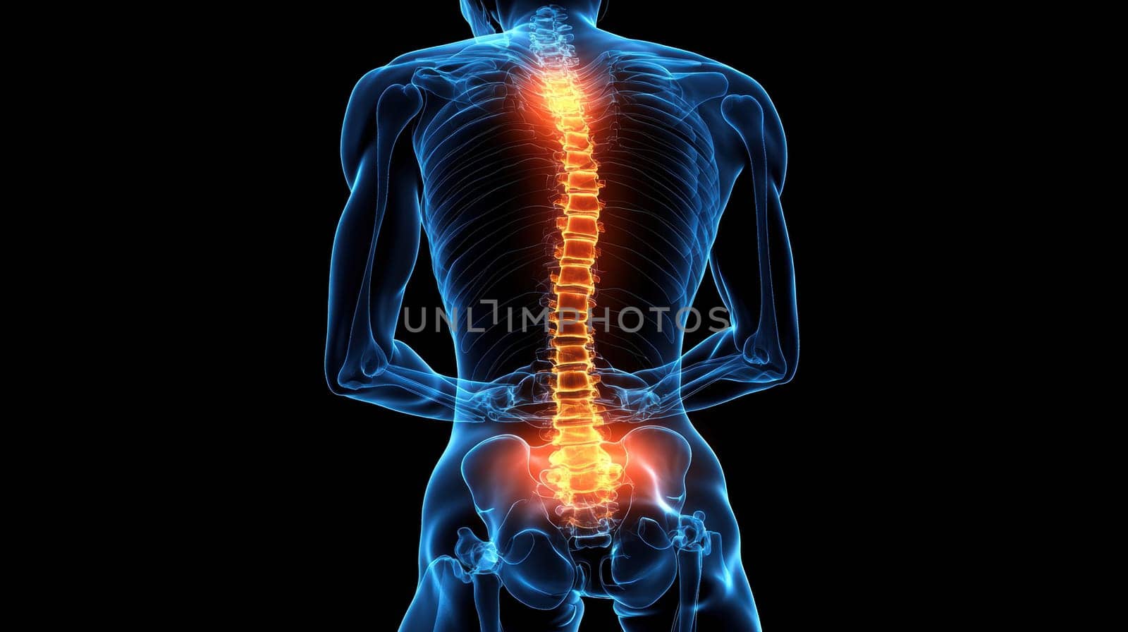 man with back pain X-ray, holding red painful spot. AI generative.