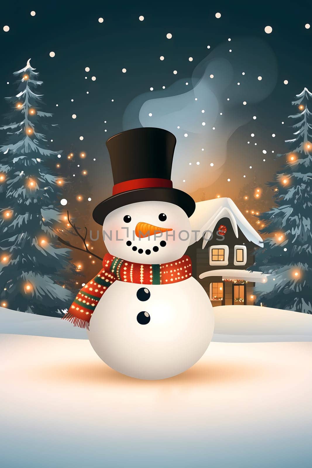 Greeting card for Christmas with smiling happy snowman with scarf and hat. Snow covered cabin, smoke rising, large pine trees with twinkling lights. - AI generated image