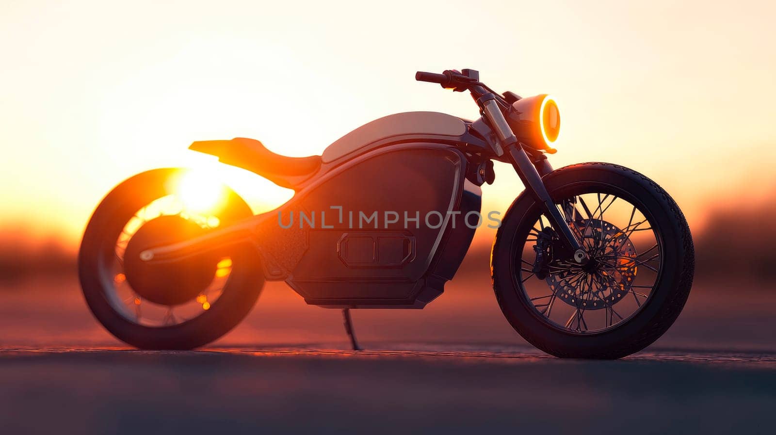 Modern electric motorbike on a road at sunset. AI generated