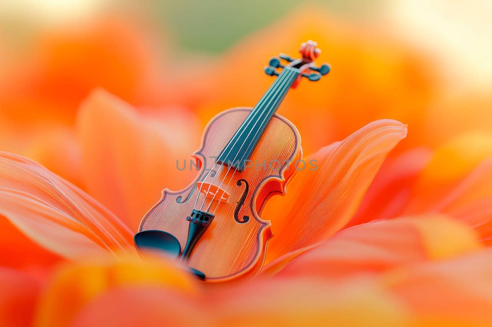 Miniature violin lying on orange flowers. AI generated