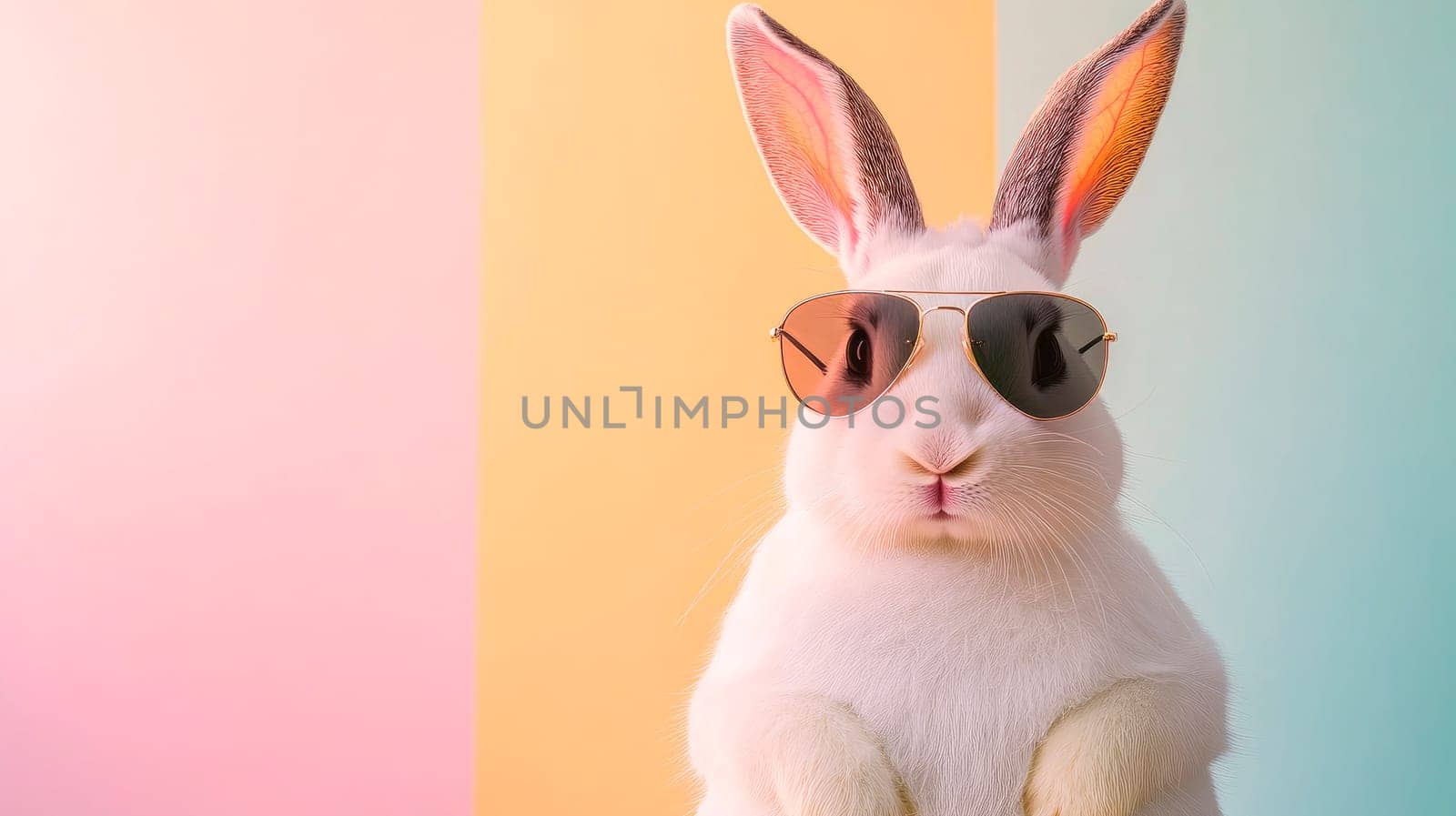 Easter rabbit with a sunglasses standing against painted wall background. Copy space. AI generated