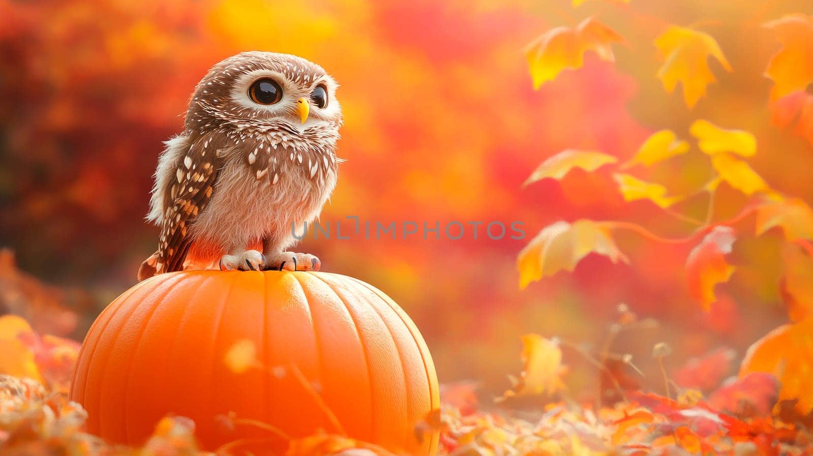An adorable little owl sitting on a pumpkin at autumn garden. Holiday festival concept. AI generated