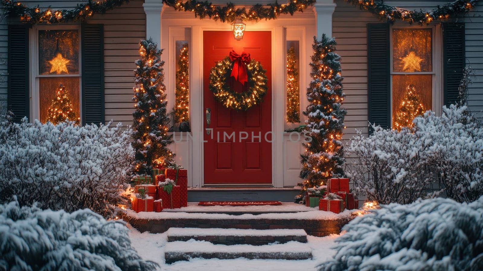 Festive red front door with Christmas wreath, lights, decorations and snow. Cozy home entrance decorated for holidays. Winter holidays celebration concept.