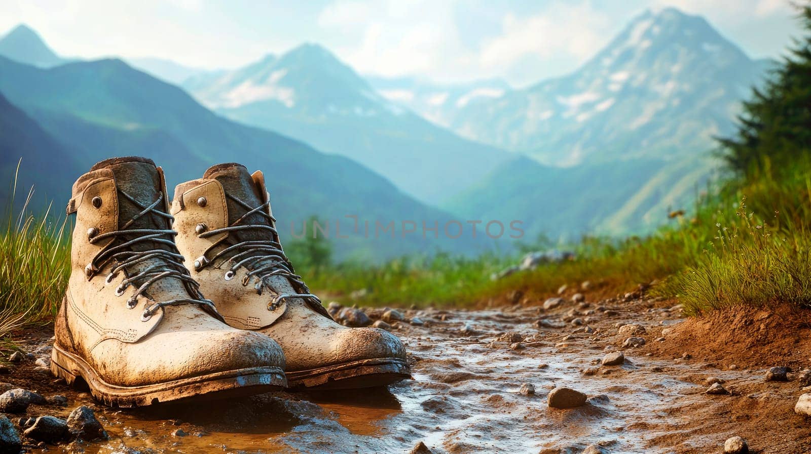 A dirty  hiking boots left on a muddy trail, with mountains in the background. Hiking in a wild nature. AI generated