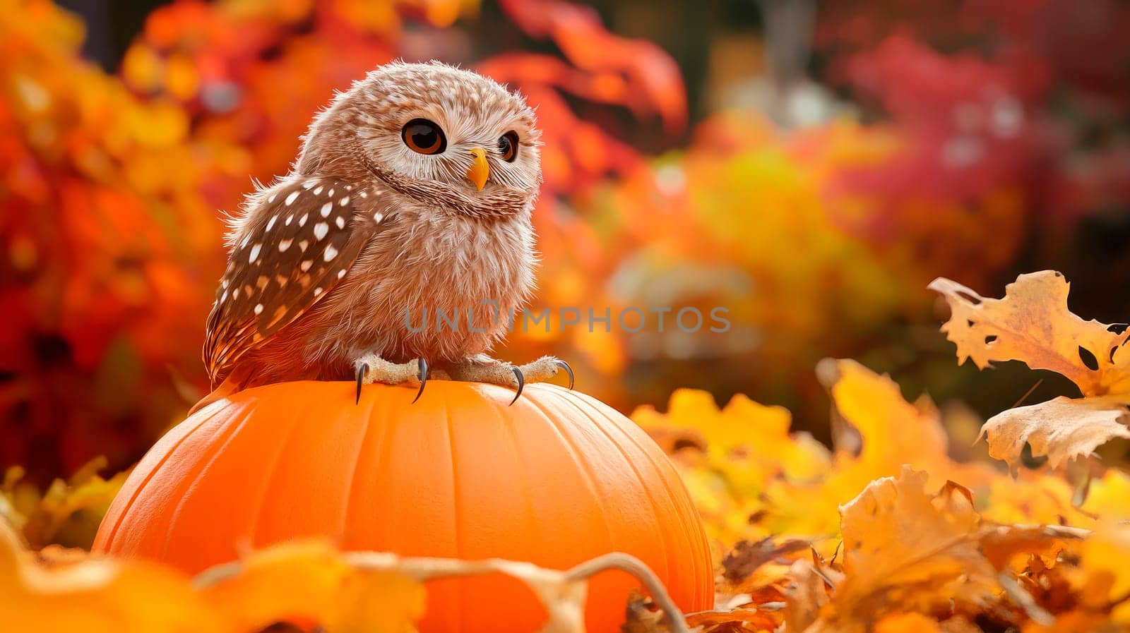 An adorable little owl sitting on a pumpkin at autumn garden. Holiday festival concept. AI generated