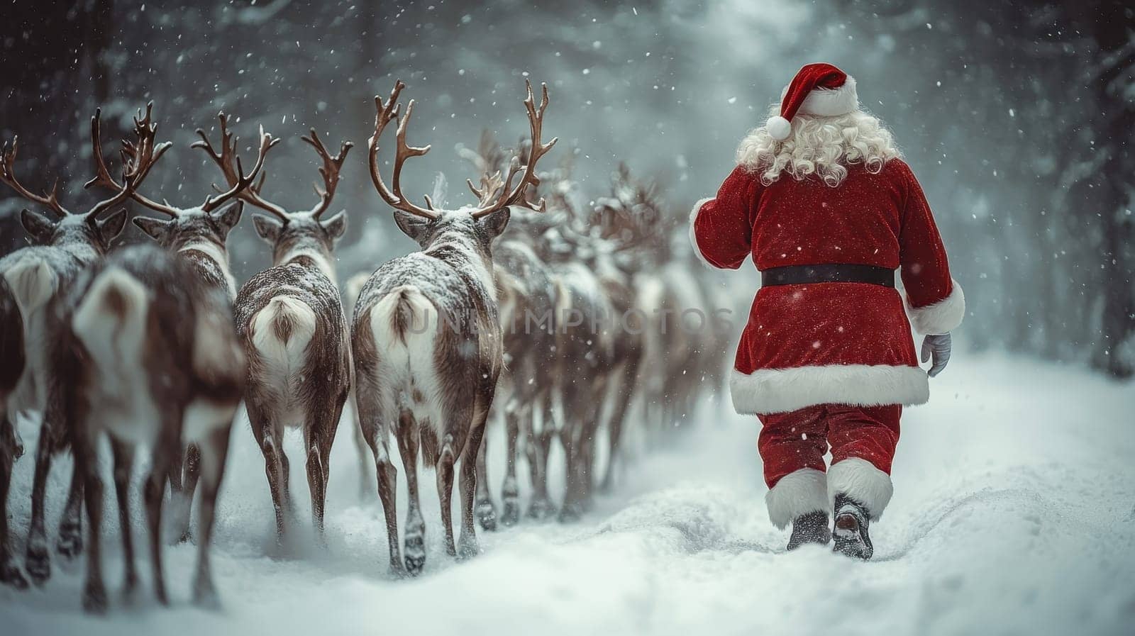 Santa Claus Walking with Reindeer in Snowy Forest
