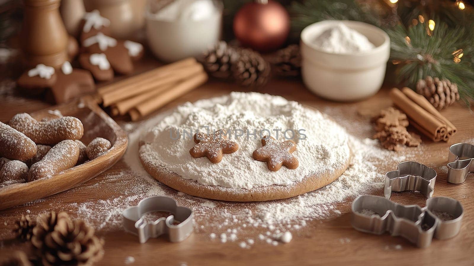 Christmas Baking Scene, Flour, Cookie Cutters, and Gingerbread Men