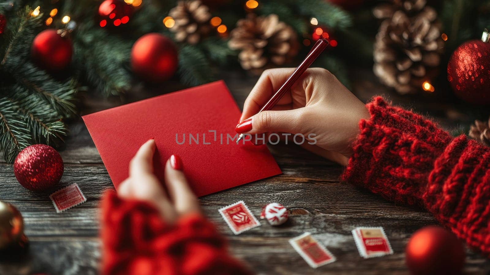 Woman writing Christmas card on red envelope at decorated wooden table. Holiday greetings and wishes concept.