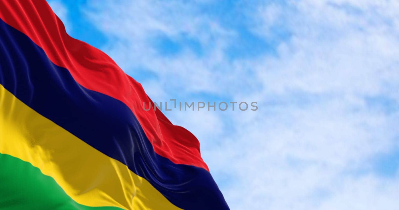 Mauritius national flag waving. The colors symbolize the various religions and ethnicities present on the island. 3d illustration render. Rippling fabric. Waving flag