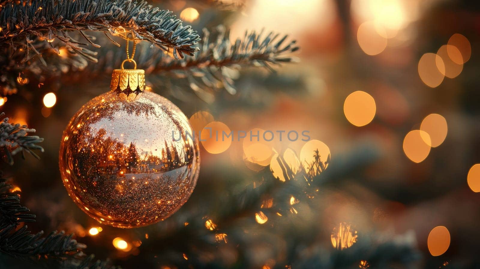 Golden Christmas Ornament on a Christmas Tree with Bokeh Lights