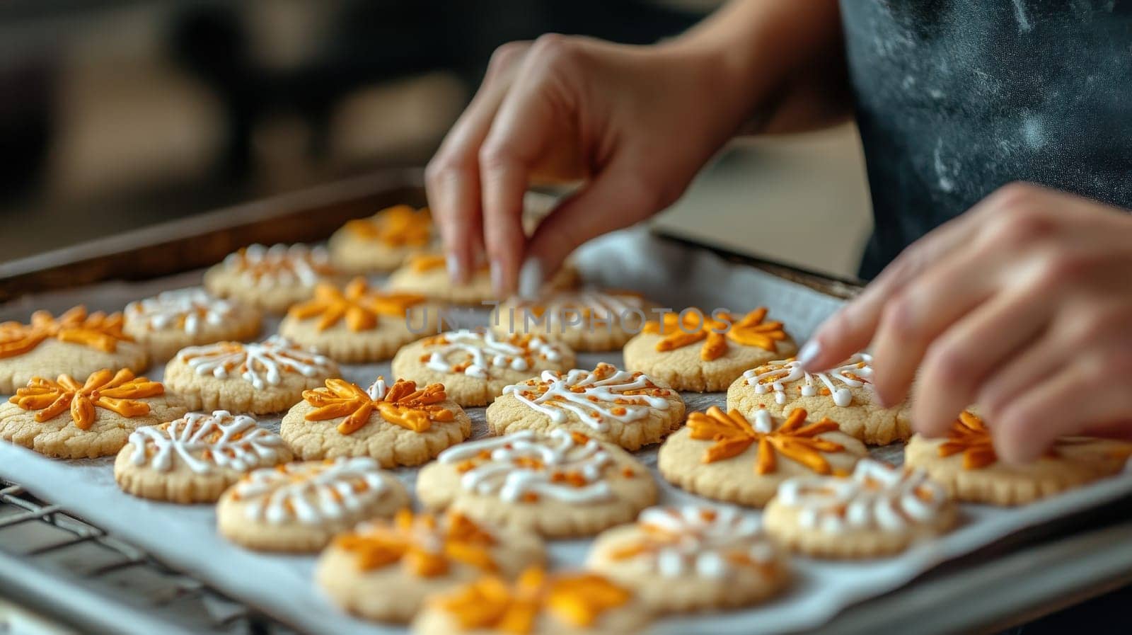 Woman decorating freshly baked cookies with orange and white icing. Concept of baking, pastry, dessert, and homemade treats