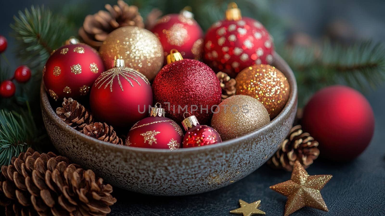 Bowl filled with red and gold Christmas ornaments, pine cones, and star decorations on a dark background. Festive holiday season concept.