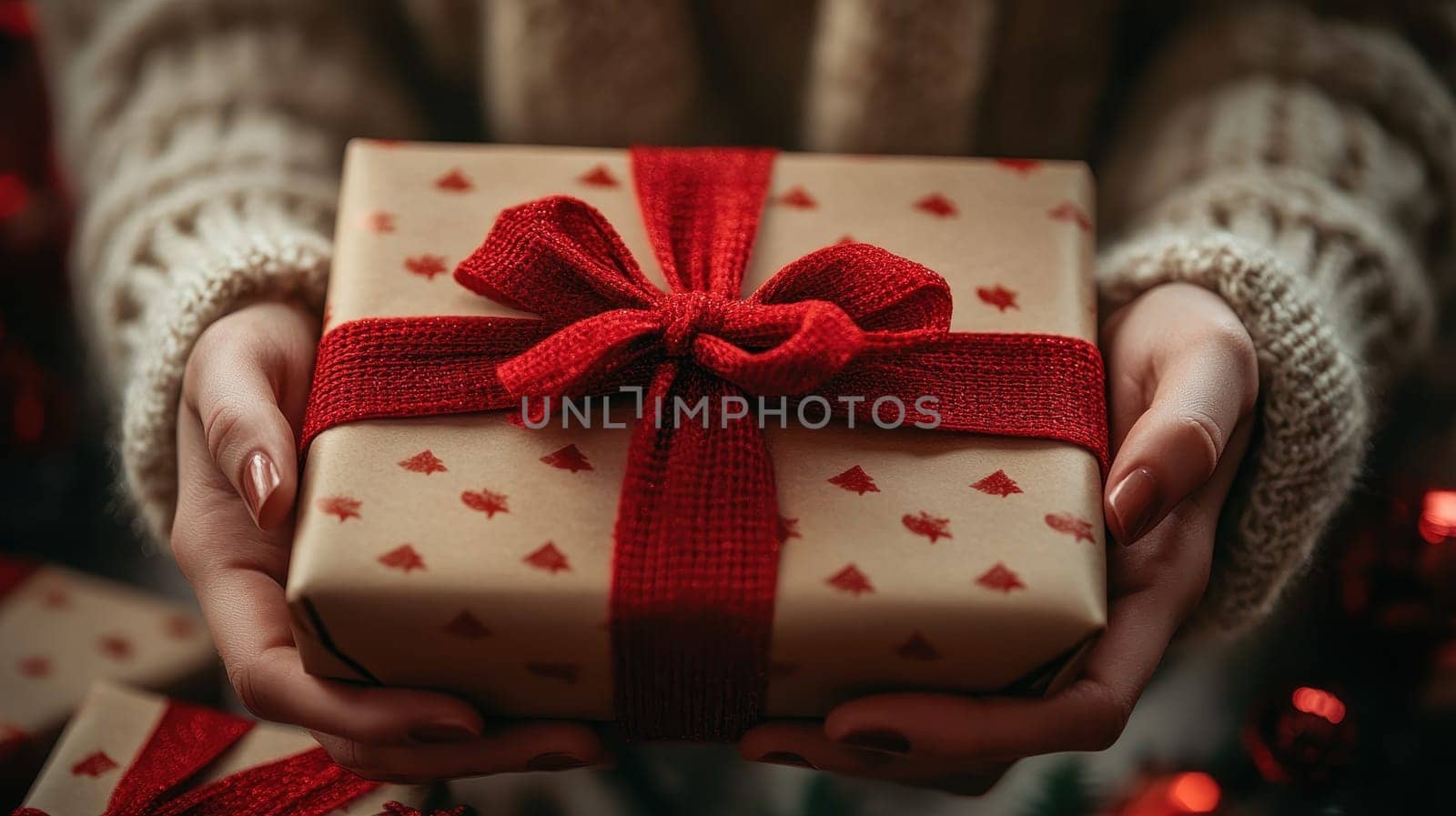Woman holding Christmas gift box with red ribbon. Concept of holidays, celebration, giving, and love