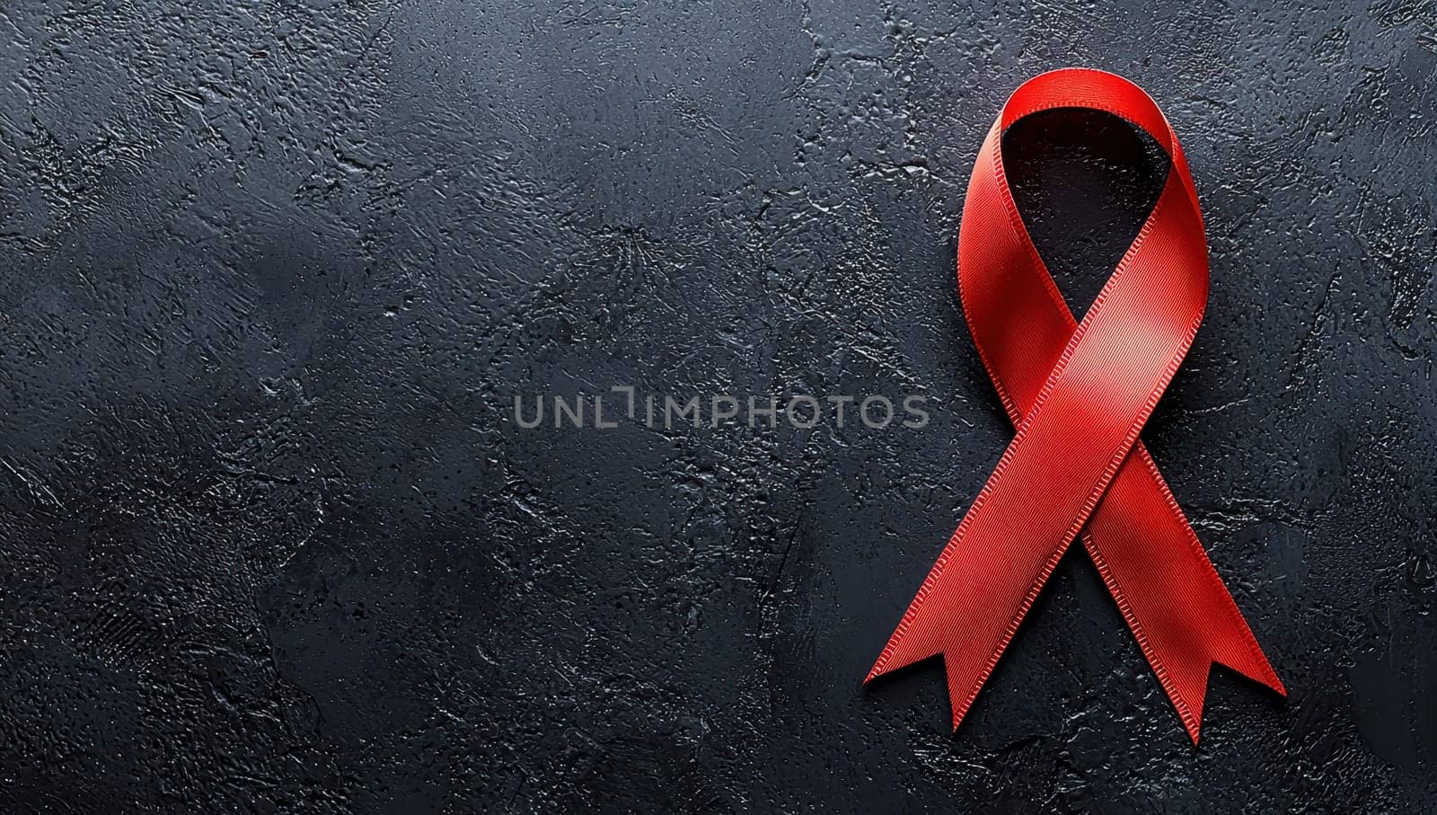 Red ribbon on dark background. AIDS, HIV awareness symbol, world AIDS day concept.