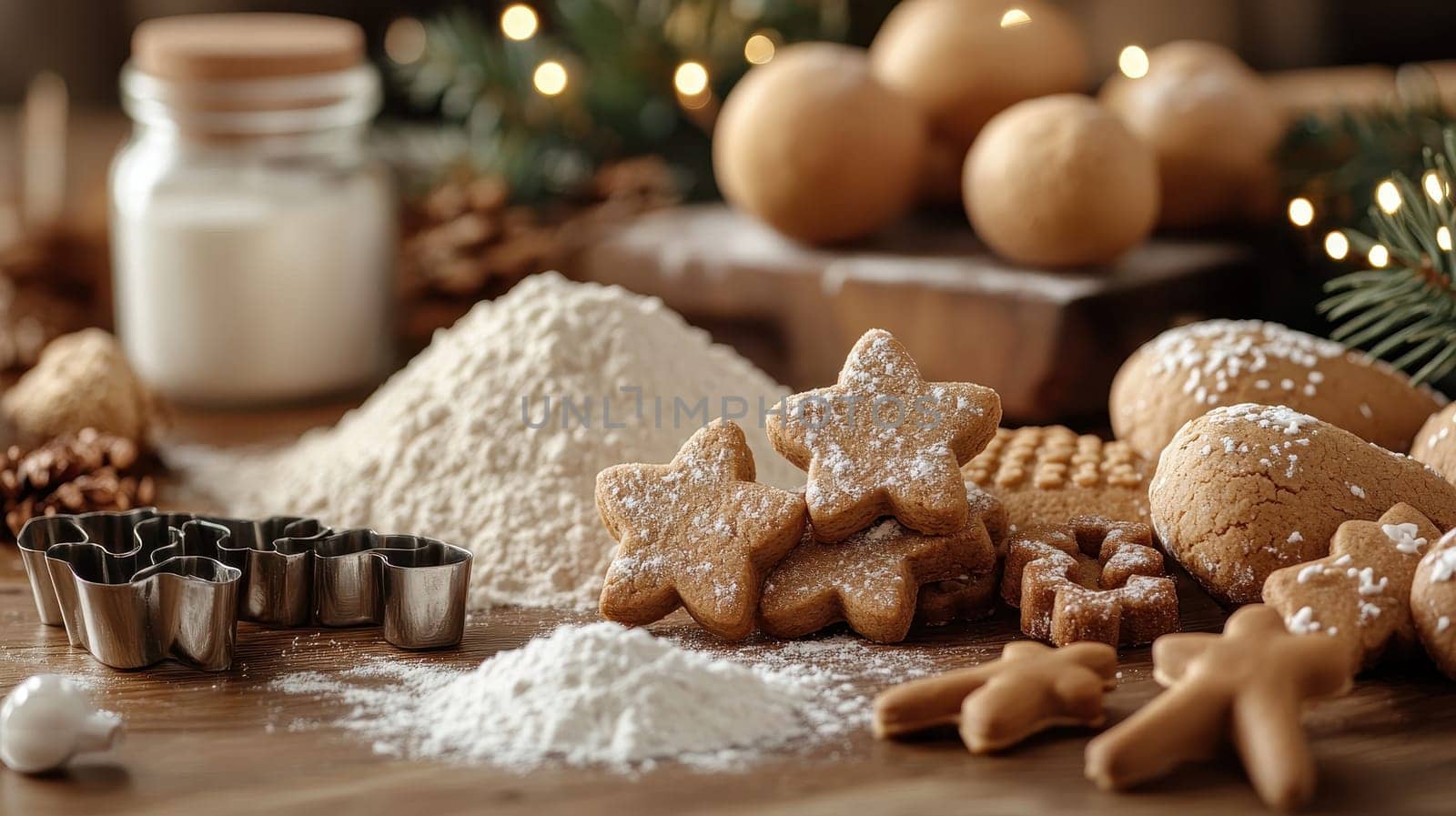 Christmas Baking Scene, Gingerbread Cookies, Flour, and Festive Lights