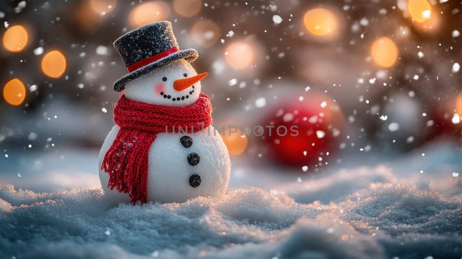 Cute Christmas Snowman in Snow at Night with Festive Bokeh Lights Background