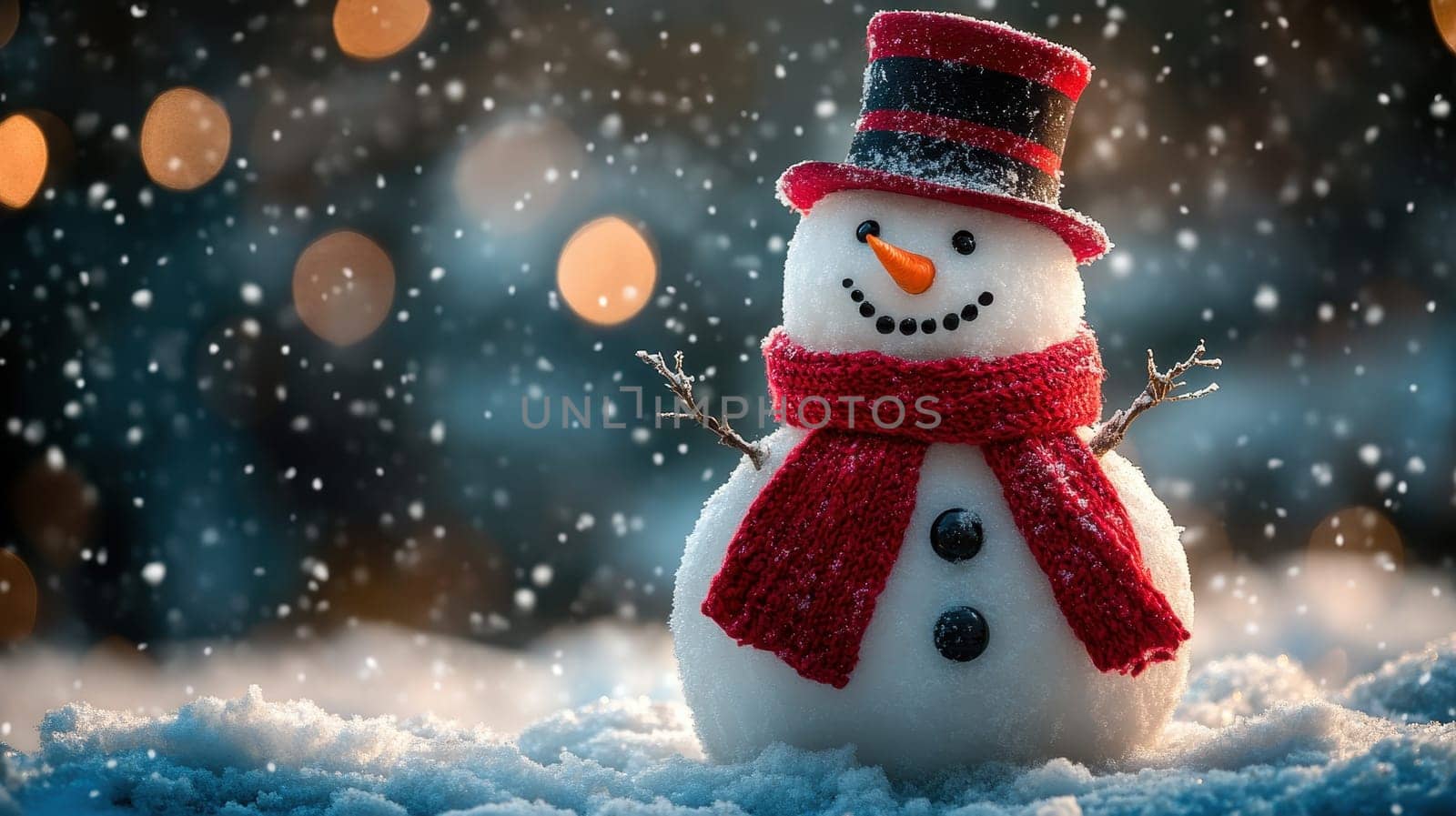 Smiling Snowman in Snowy Winter Wonderland, Festive Christmas Scene