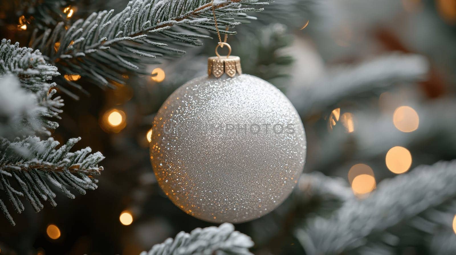 Silver glitter ornament hanging on frosted Christmas tree with warm lights. Festive, winter holiday decoration.