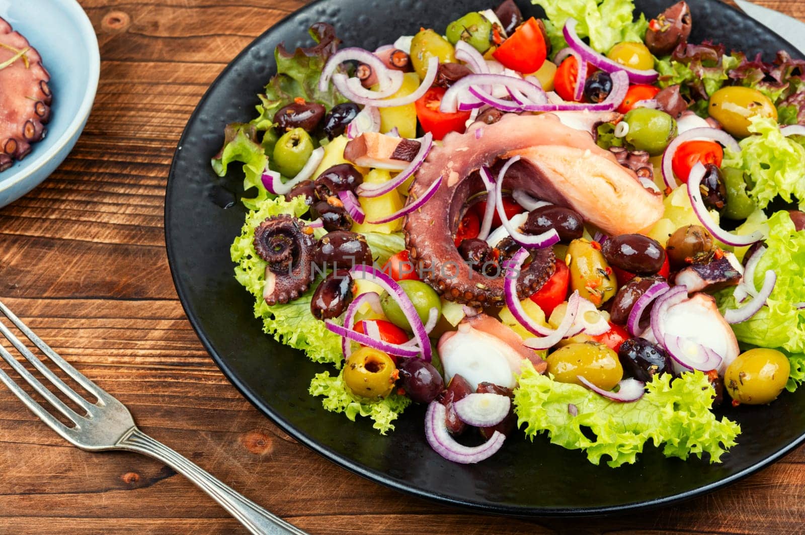 A plate of octopus salad with herbs, potatoes and olives. Free space for your text. Long banner