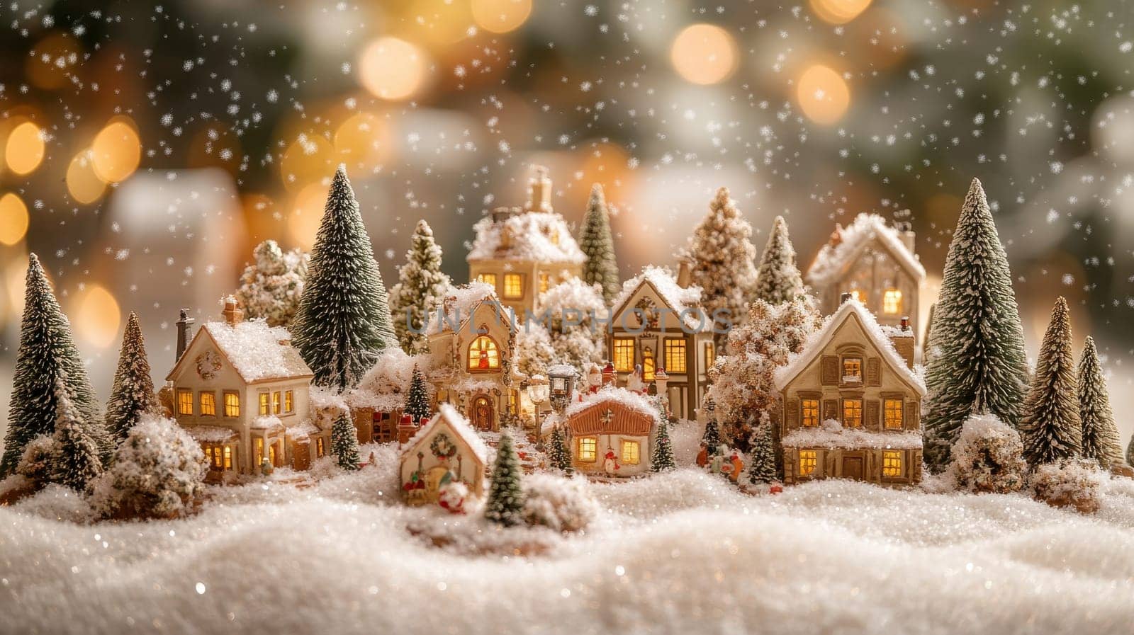 Charming miniature snowy village scene with festive lights and trees, evoking a cozy holiday atmosphere