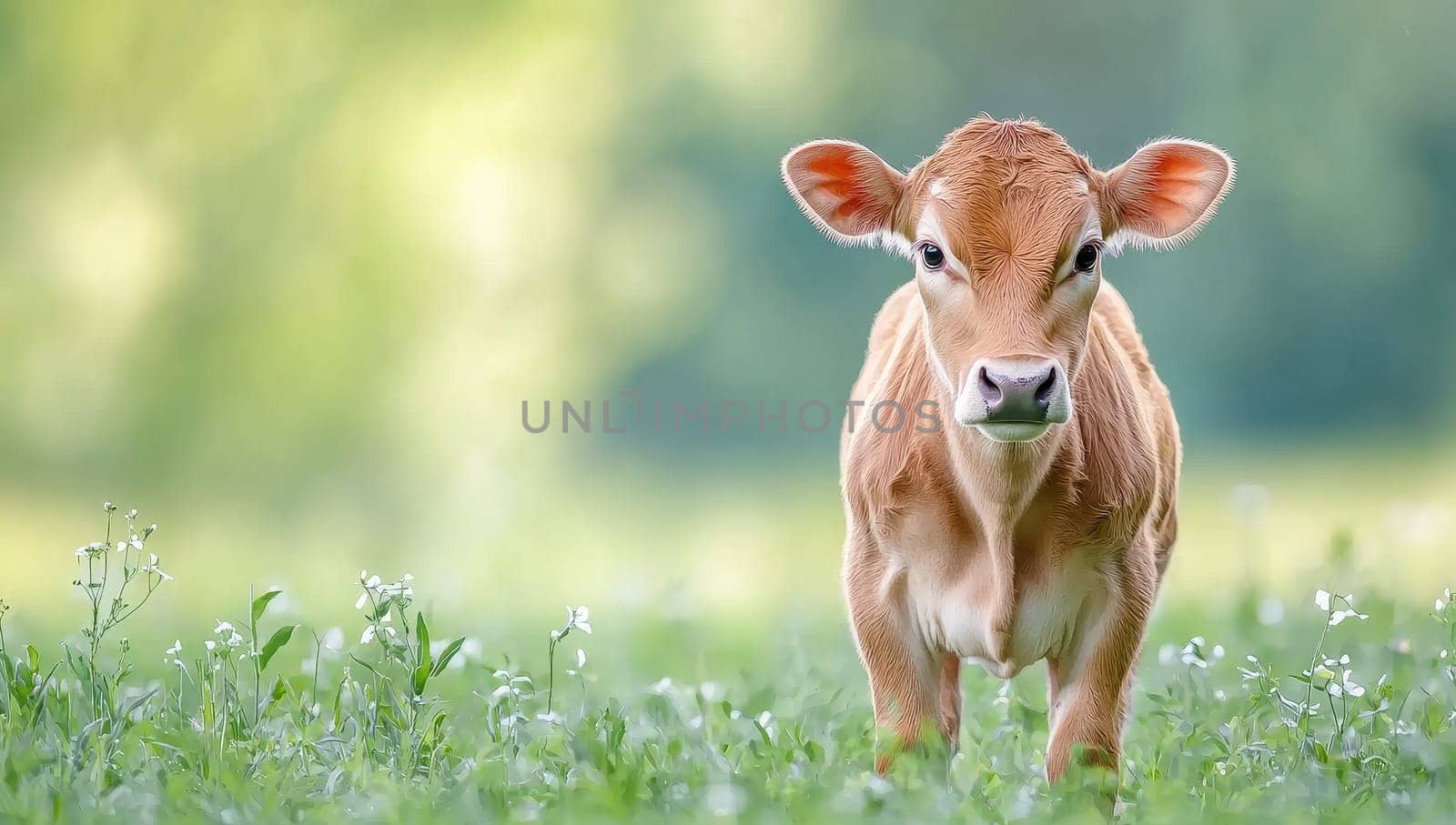 Jersey calf standing in a field of green grass. Concept of livestock, farming, agriculture, and dairy.