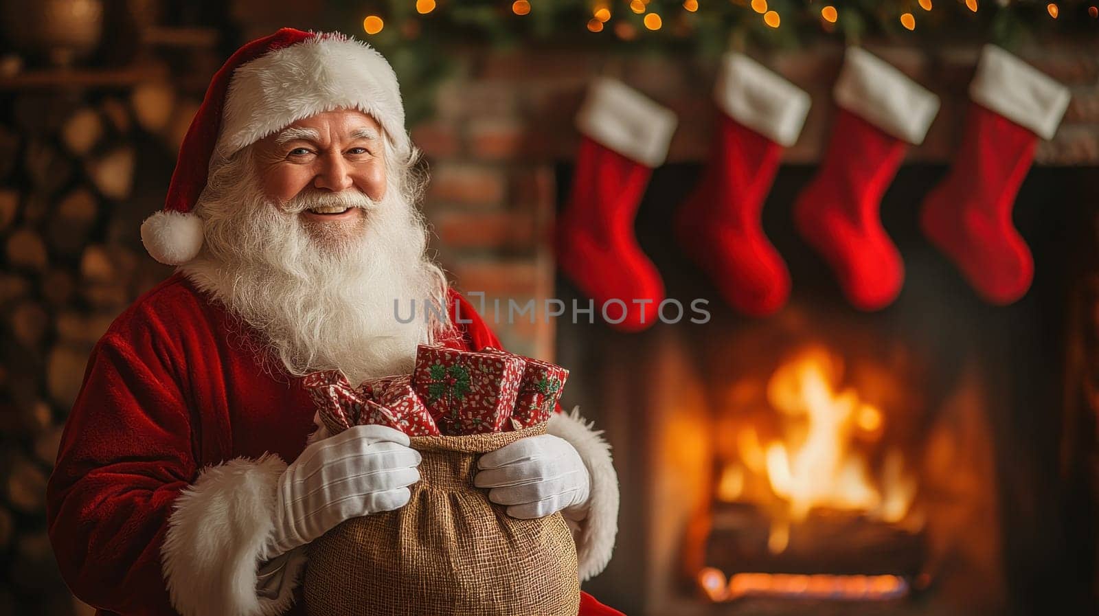 Santa Claus with gifts by the fireplace and Christmas stockings. Christmas Eve concept