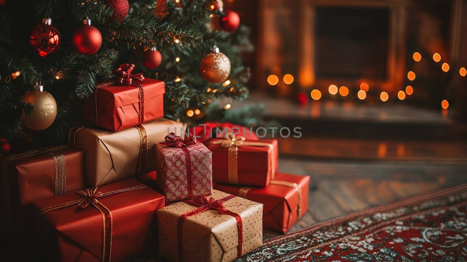 Christmas gifts under the tree near fireplace. Cozy winter holidays at home concept.