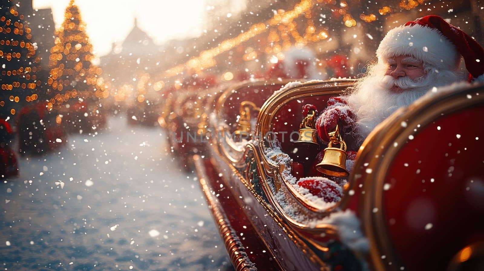 Santa Claus Parade in a snowy Christmas town. Festive holiday season celebration concept.