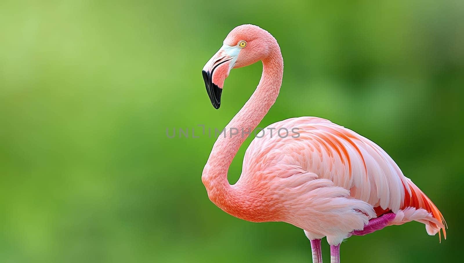 Pink flamingo on a green background. Phoenicopterus ruber.