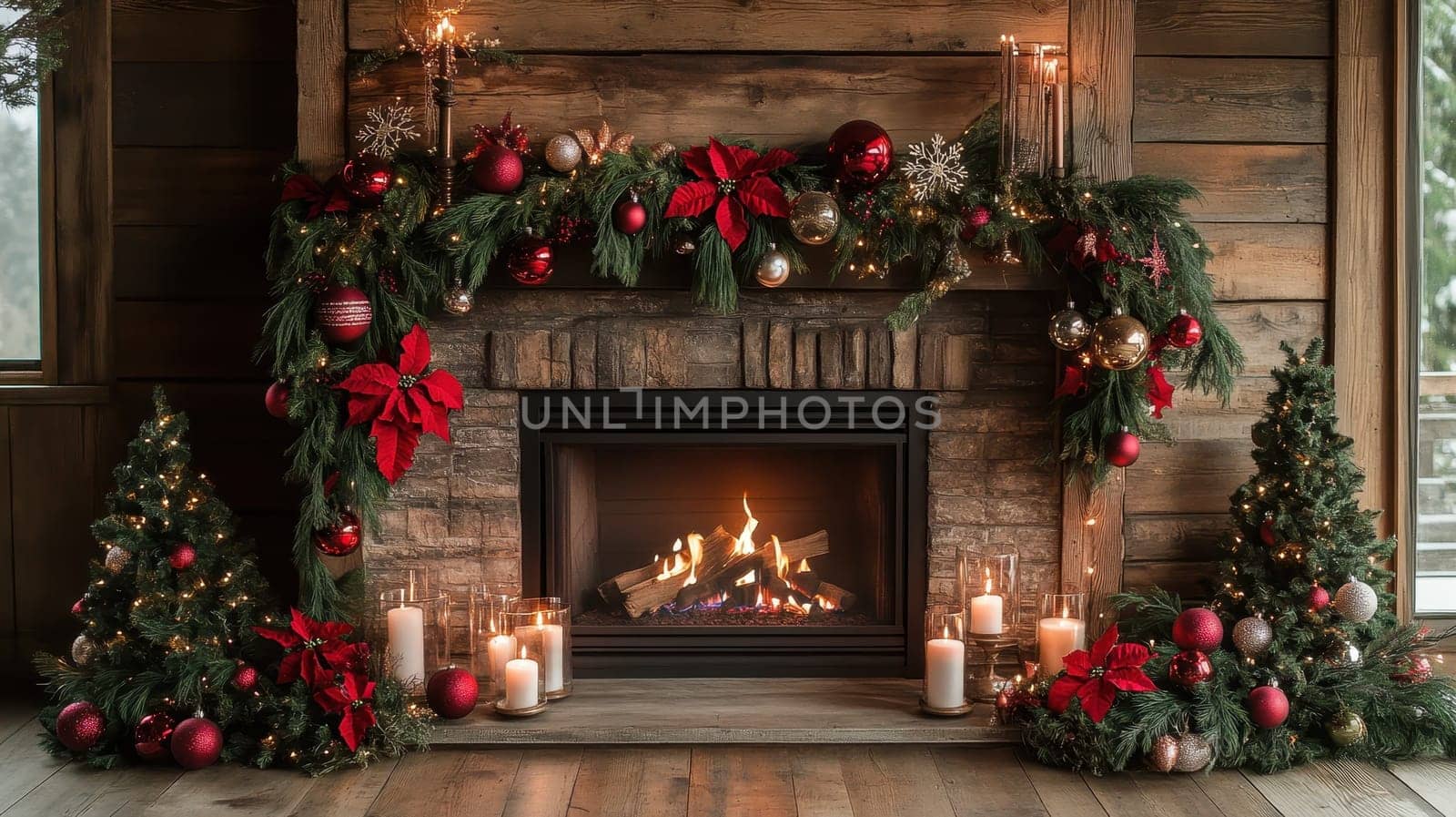 Cozy Christmas fireplace with red decorations and garland. Warm and festive holiday interior with lit fireplace, Christmas trees, candles, ornaments, poinsettia and garland.