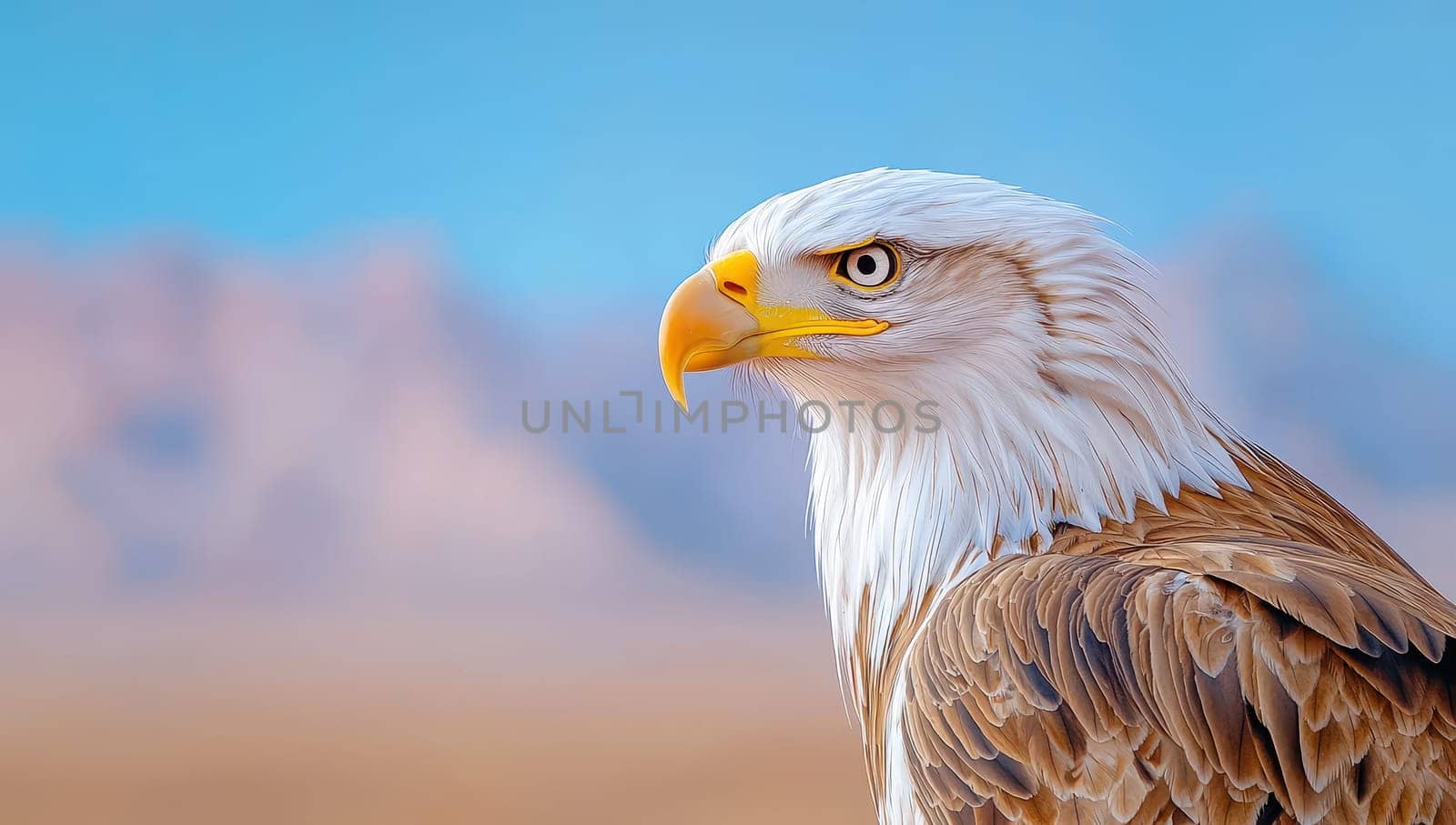 Portrait of a majestic bald eagle against a blurred desert background.