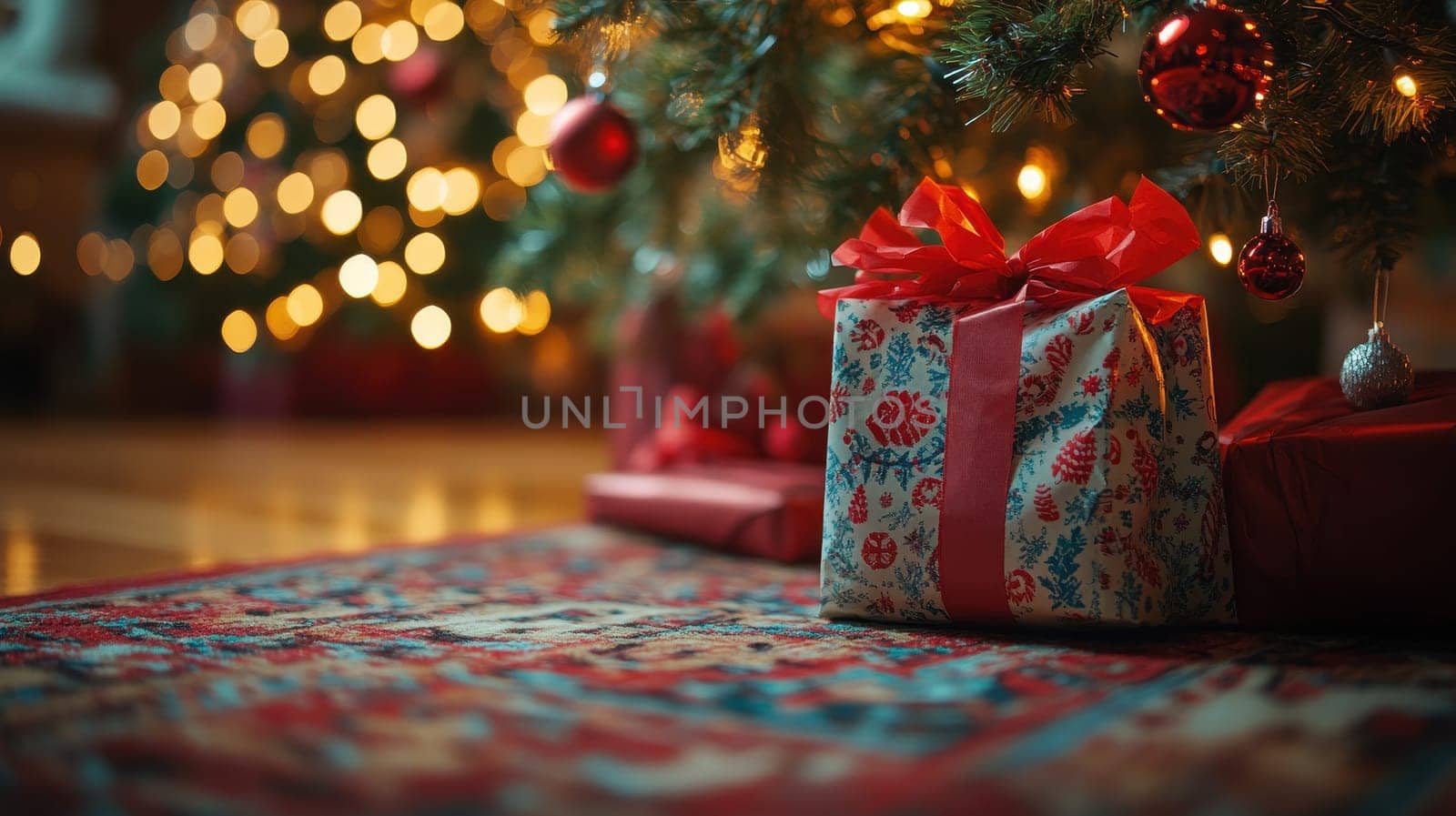 Beautifully wrapped Christmas gifts under a decorated tree with warm lights.