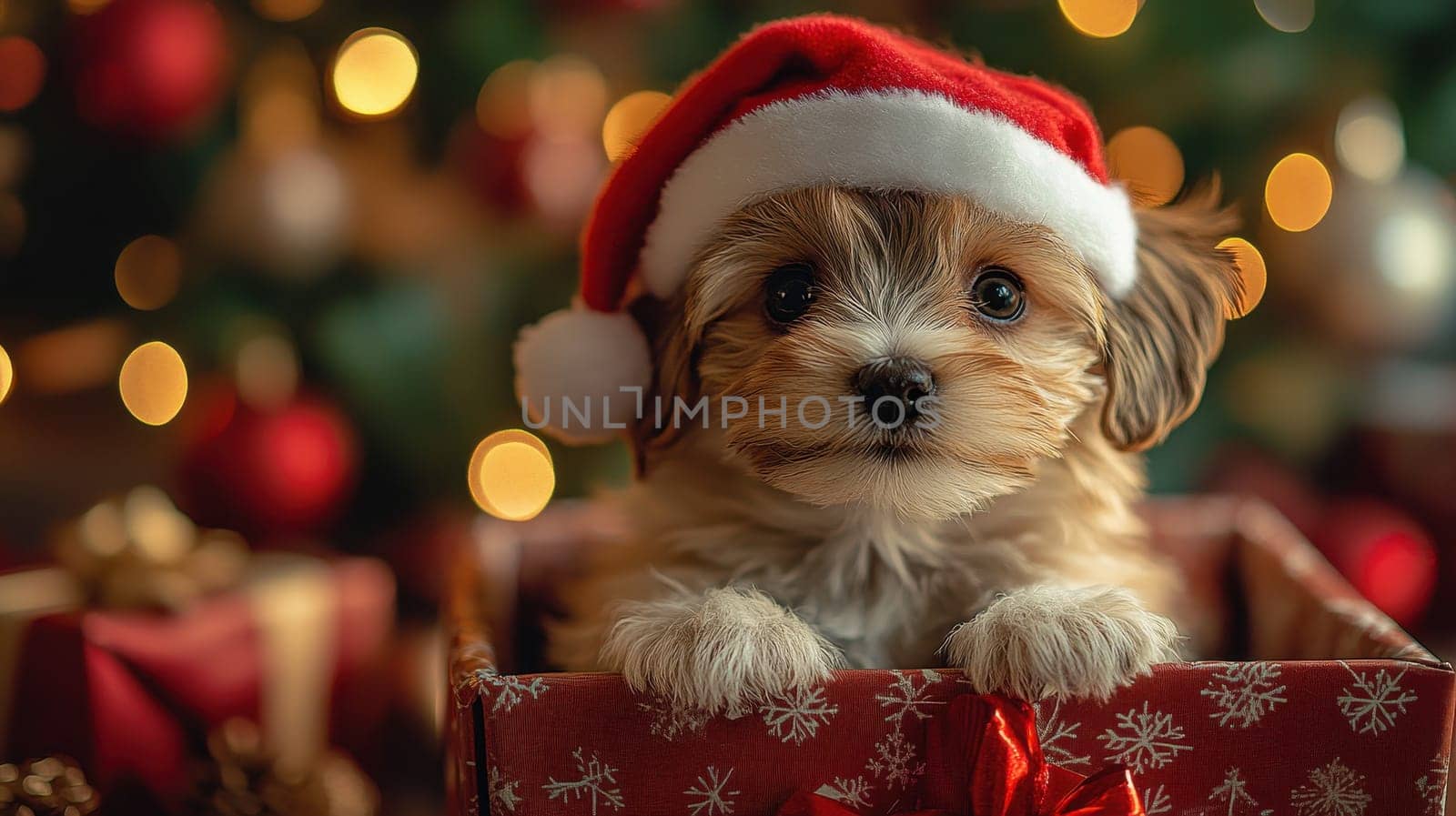 Cute Puppy in Gift Box with Santa Hat, Christmas Cheer