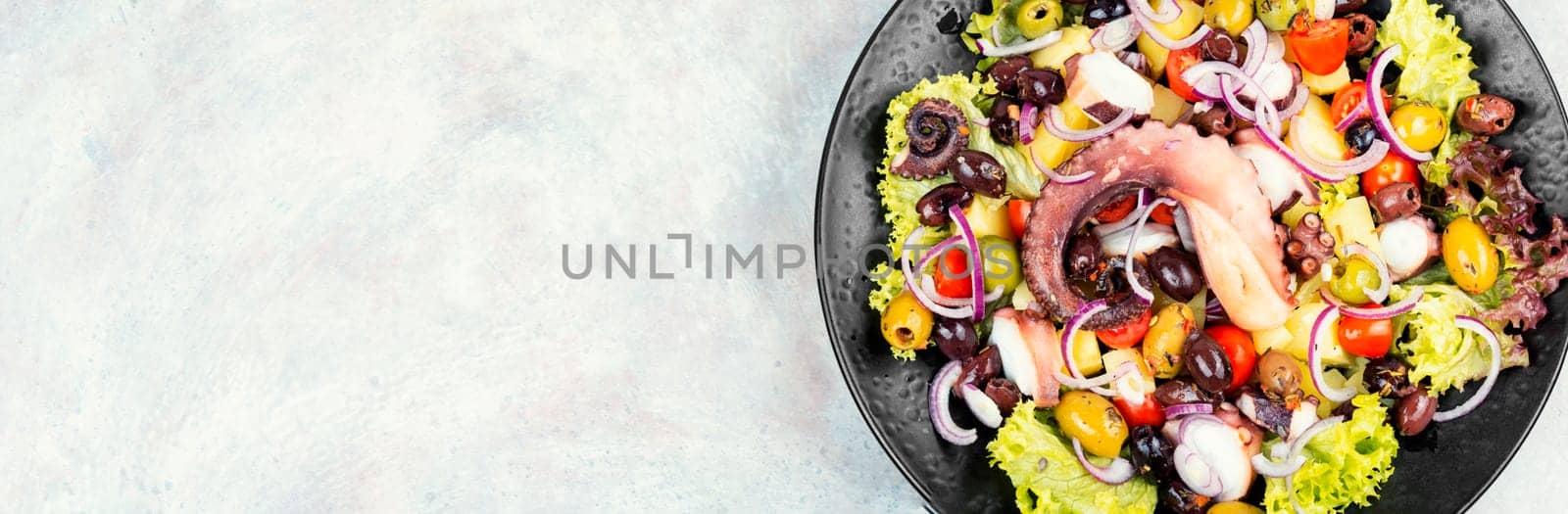 A plate of octopus salad with herbs, potatoes and olives. Free space for your text. Long banner