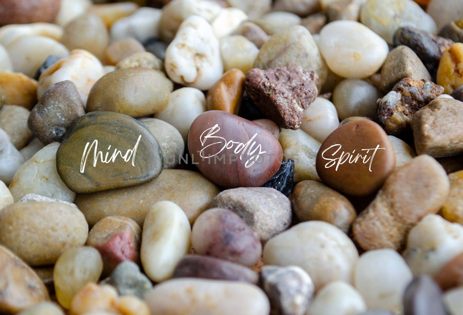 Mind, Body and Spirit text on beach stones. Wellness concept.