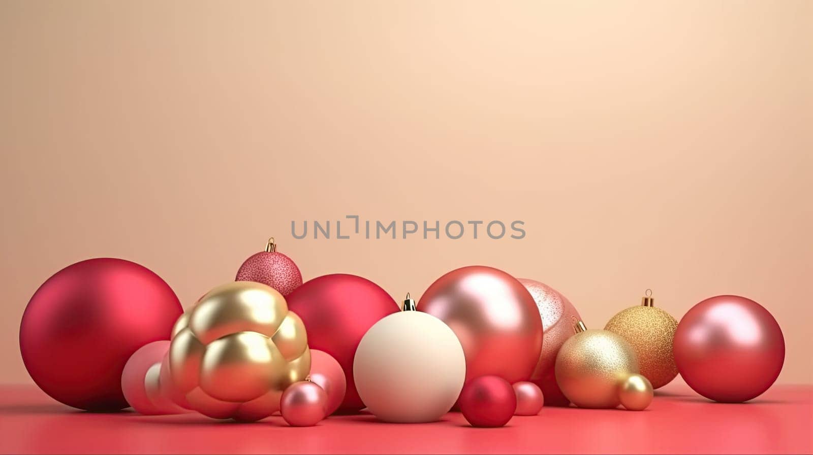 Golden and red Christmas ornaments balls festive sparkling background with copy space for New Year, Christmas, party holiday promotion. Side view. AI Generative content
