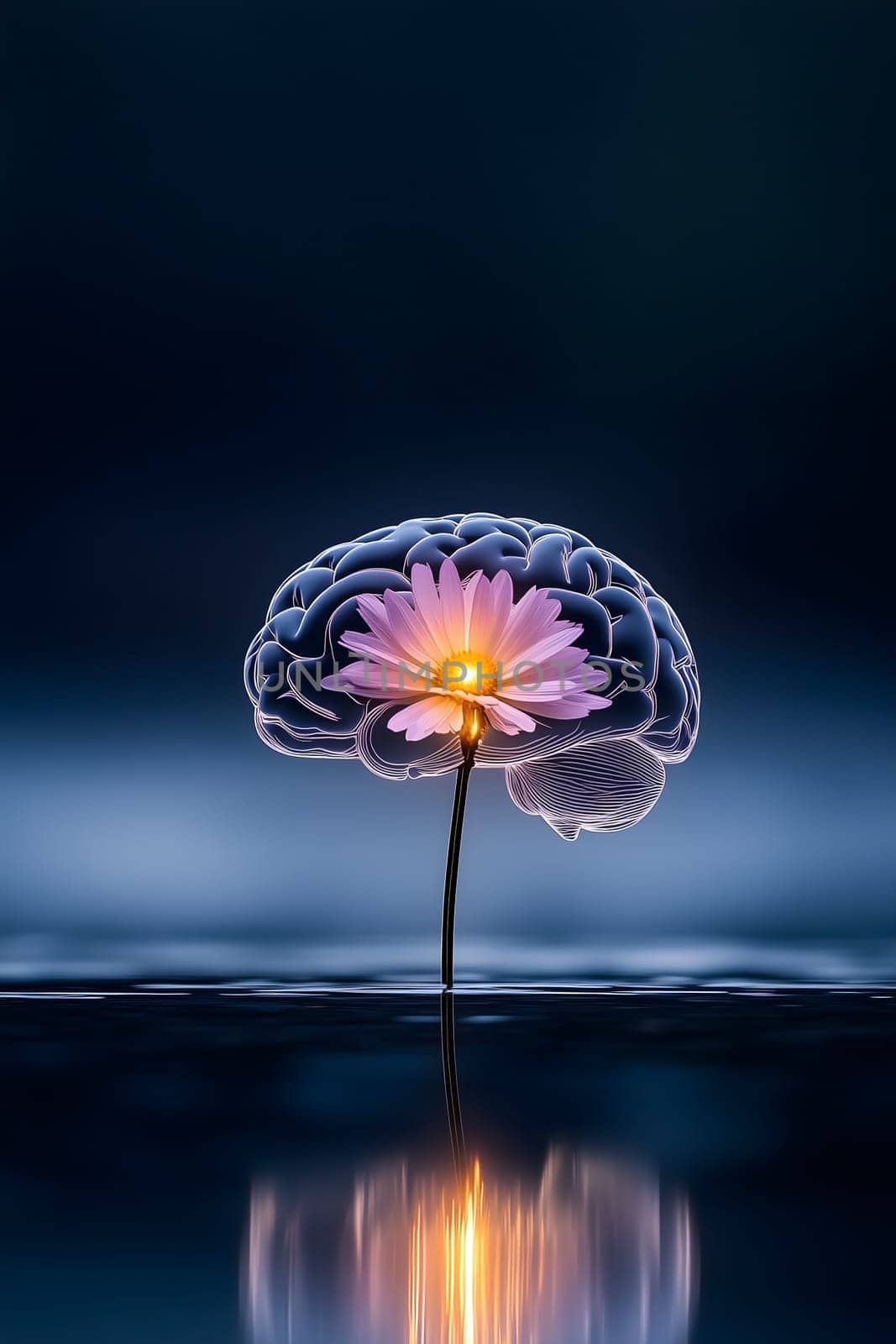 A glowing brain with a blooming flower inside representing mental health and well-being. vibrant purple, darker blue background. AI generated image