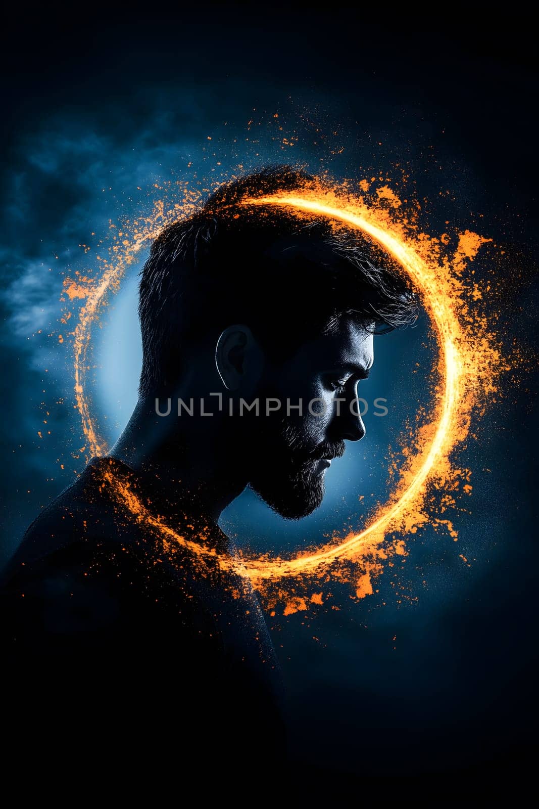 A person surrounded by chaotic abstract swirl of thoughts and emotions but with bright clear circle around his head. Moment of clarity and mindfulness. AI generated image