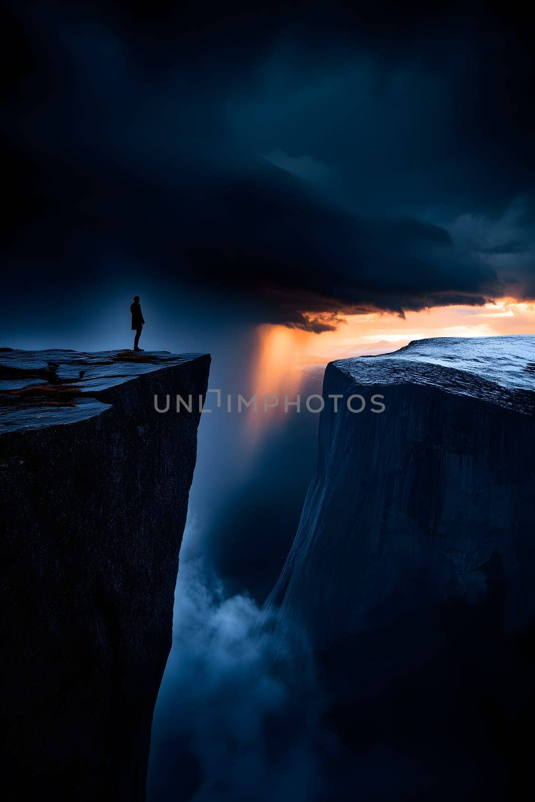 Figure standing on the edge of a cliff, swirling storm in the distance but rays of sunlight breaking through. Hope & resilience - overcoming anxiety. AI generated image