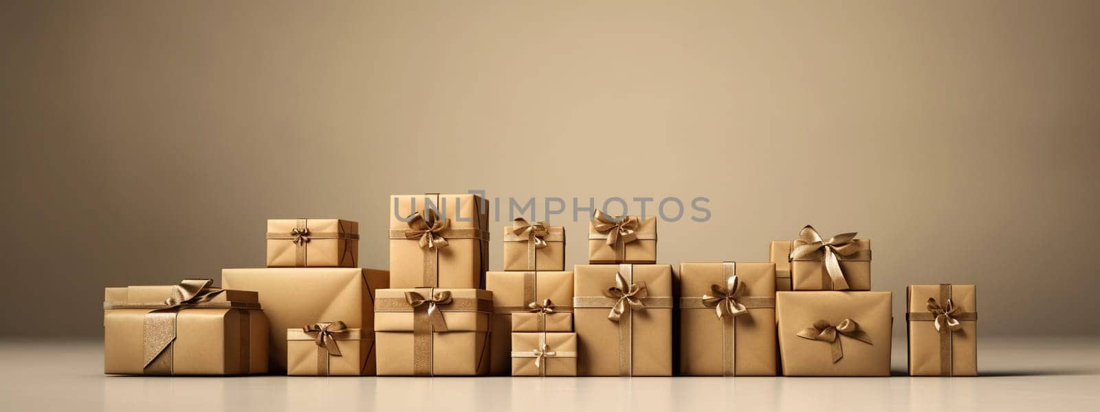 Present boxes holiday banner background with copy space. Gifts with bow pile. Valentine day, Mother day, Christmas, Black friday, shopping sale event, consumerism concept. AI Generative content