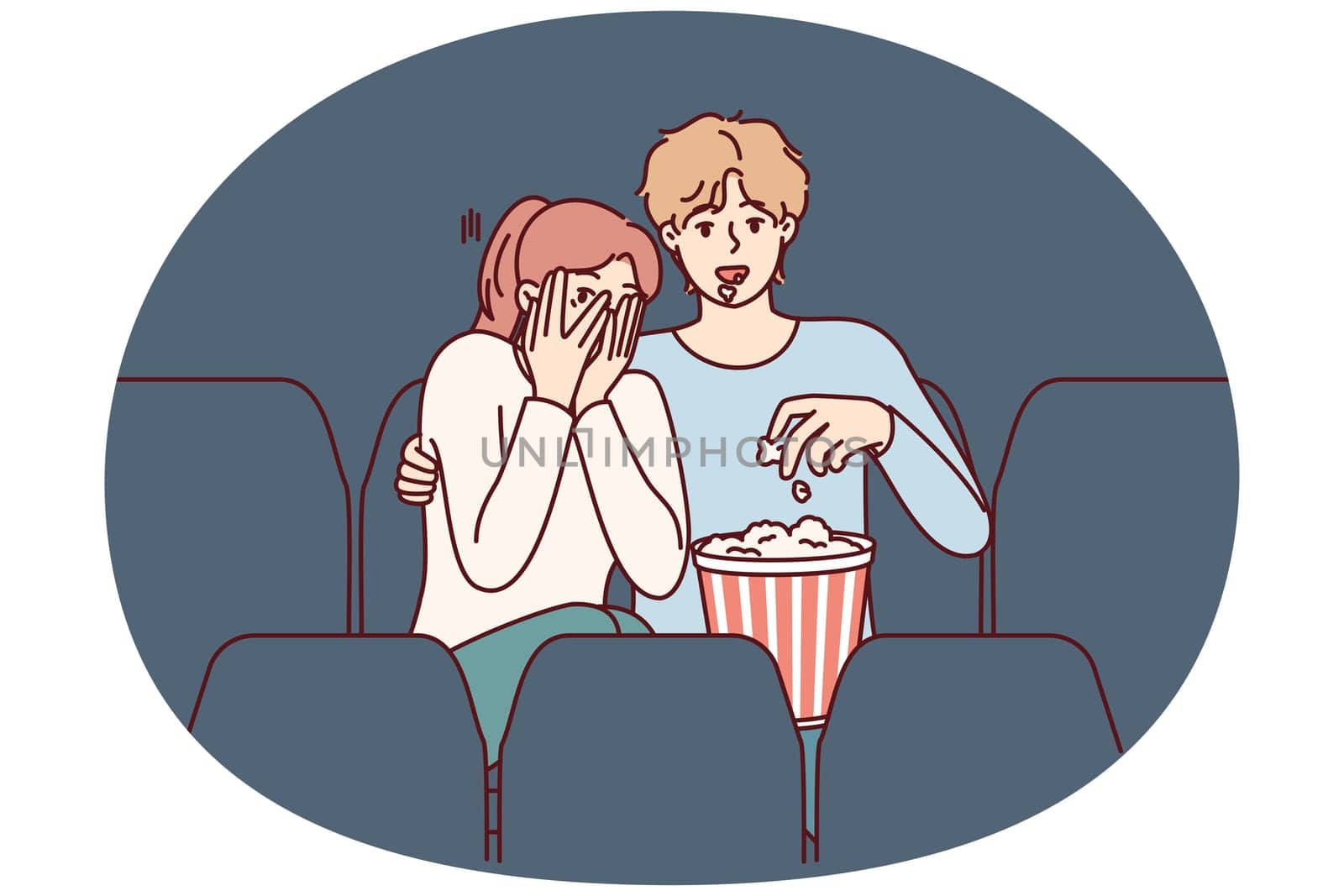 Guy and girl are watching horror movie in cinema and eating popcorn enjoying films about vampires. Fearful woman closes eyes with hands sitting in cinema near man watching horror movie with interest