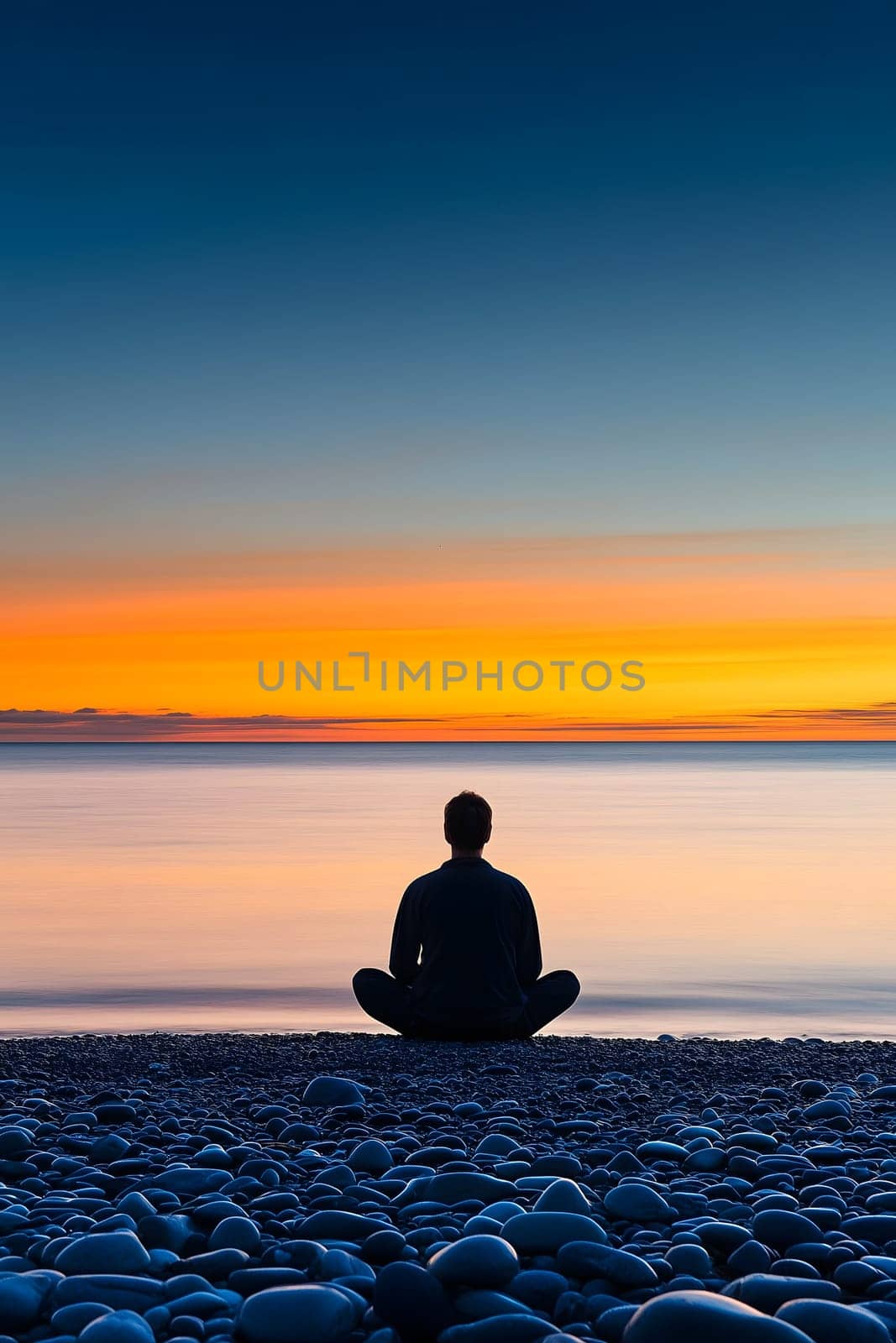 Person meditating alone on calm beach at sunrise. Soft warm colors symbolizing inner peace and self-reflection. AI generated image