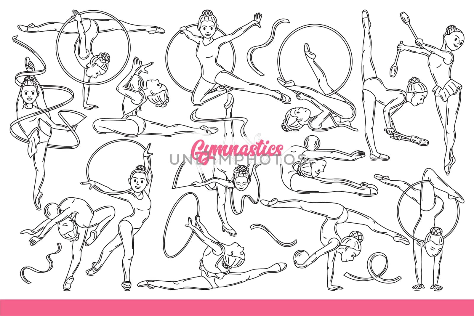 Girl does gymnastics and acrobatics with hoop and ribbon or ball. Woman is interested in gymnastics, which allows to develop flexibility and perform at competitions or olympics. Hand drawn.