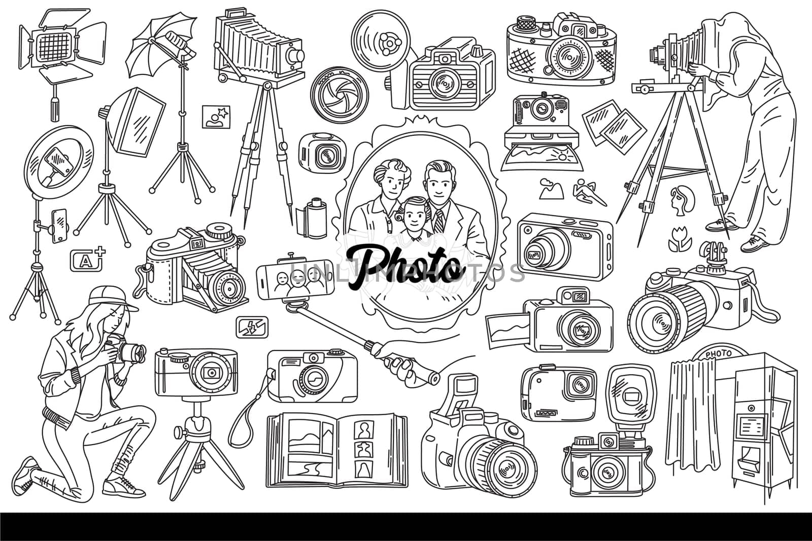 Photo cameras and lighting equipment or photographers from different eras. Family portrait near vintage cameras and modern devices for creating and printing photographs. Hand drawn.