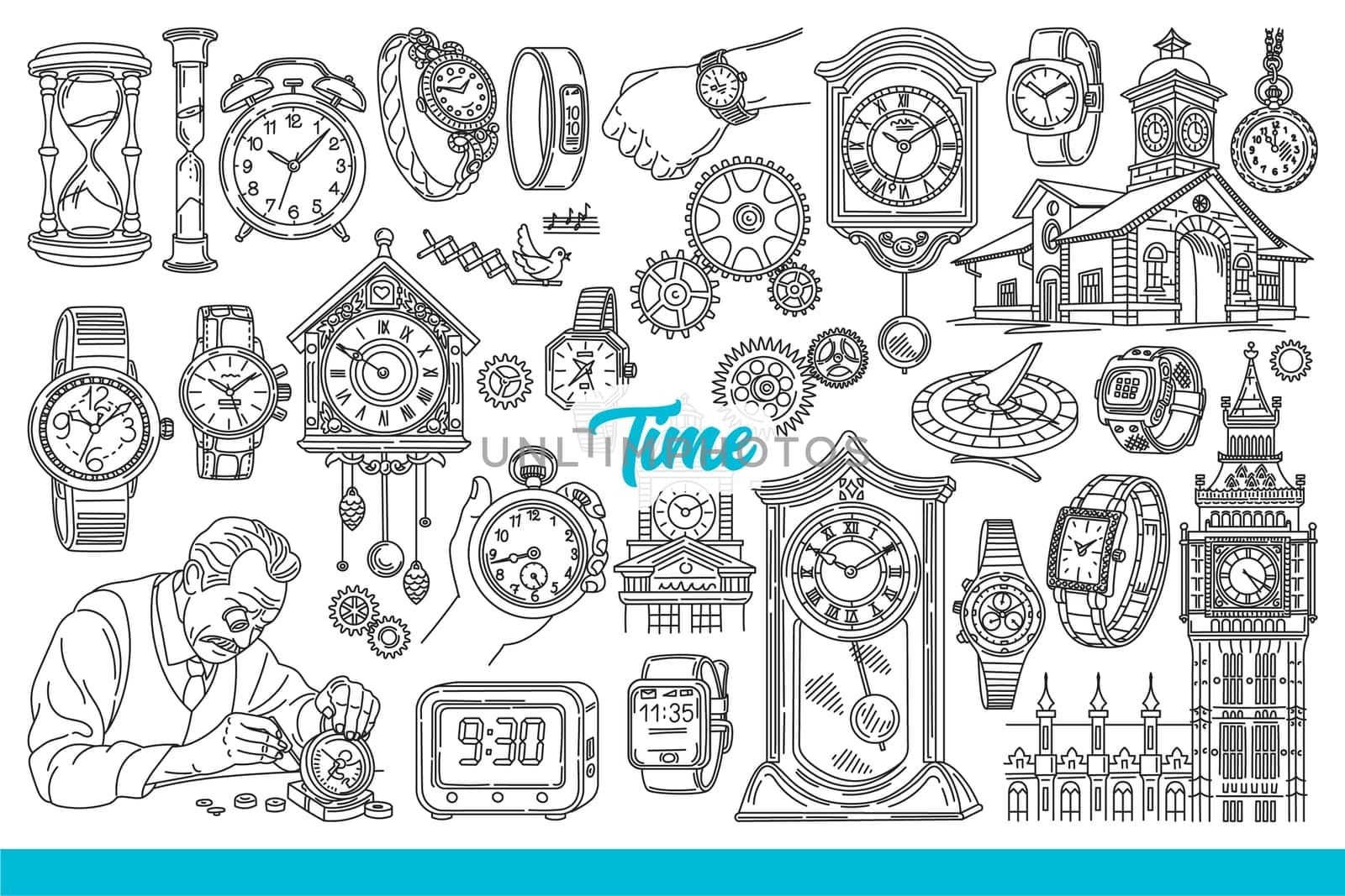 Clocks indicating time hang on walls or are intended to be worn on hand, near buildings with chimes. Vintage clocks and alarmclock near hourglass and craftsman repairing mechanism. Hand drawn.