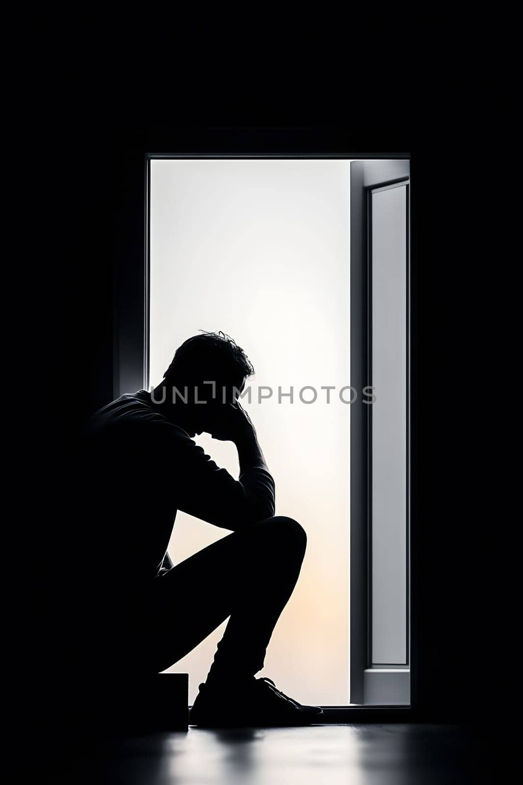 A person sitting in a dark area, head resting on hand. Depressed feeling symbolizing the weight of depression. AI generated image