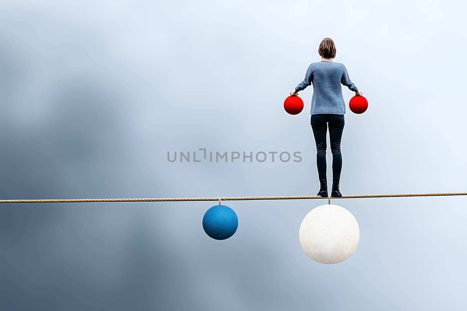 Person carefully balancing on a tightrope holding weights. Represents emotions like sadness, anger, joy. Represents delicate balance of emotional well-being. AI generated image