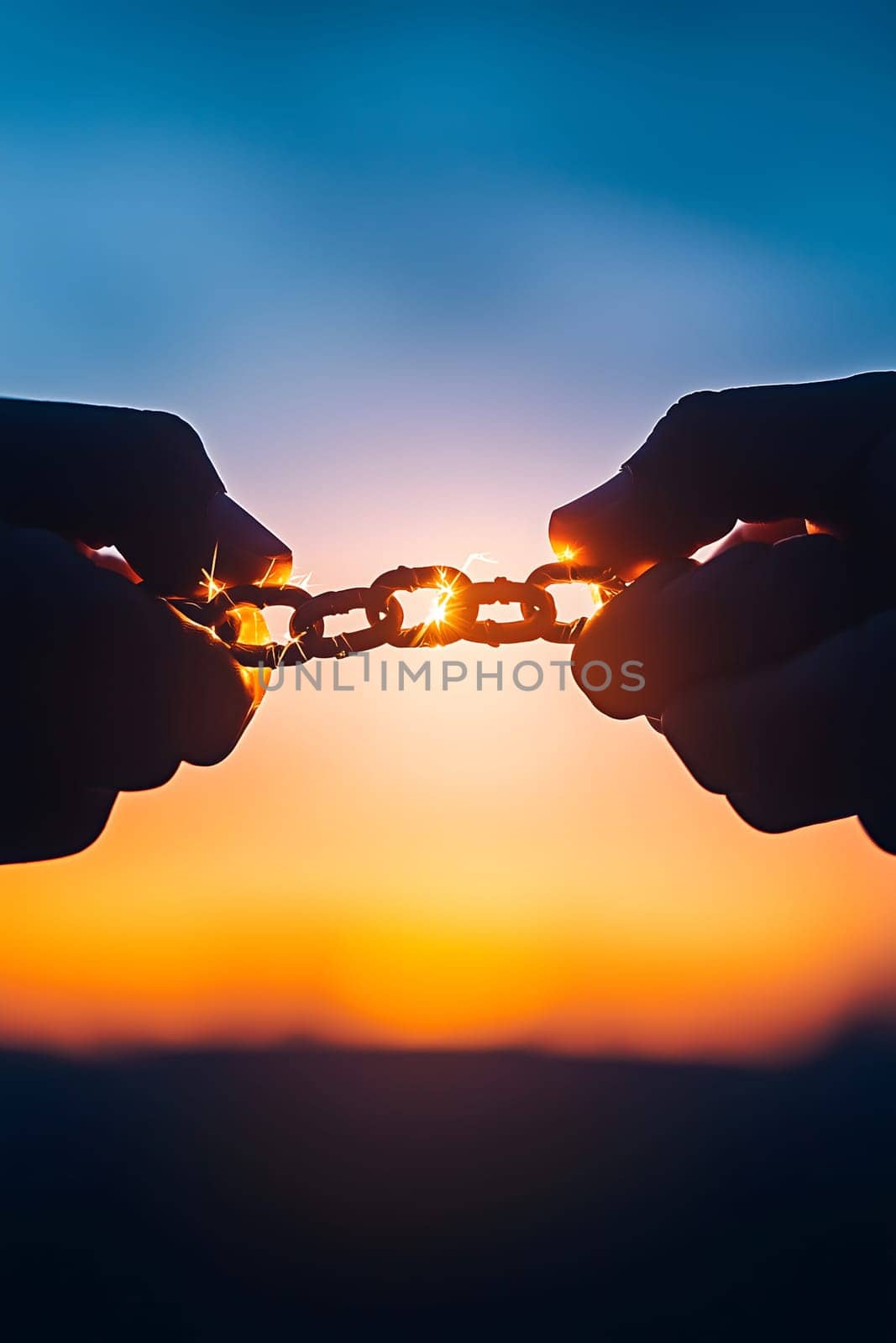 Hands holding broken chain representing the breaking of mental health stigma and the journey to self-acceptance. colorful bright light in background. AI generated image